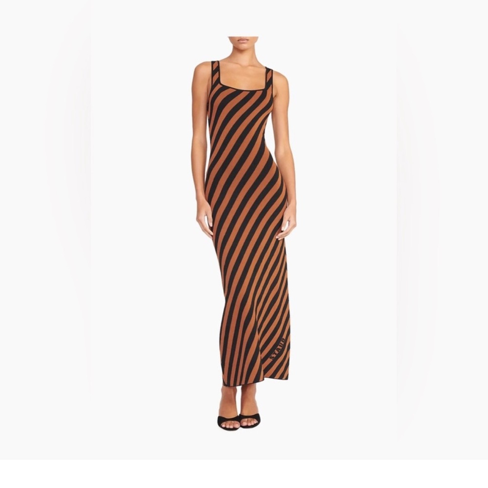 STAUD Black and Tan Diagonal Stripe Maxi Dress